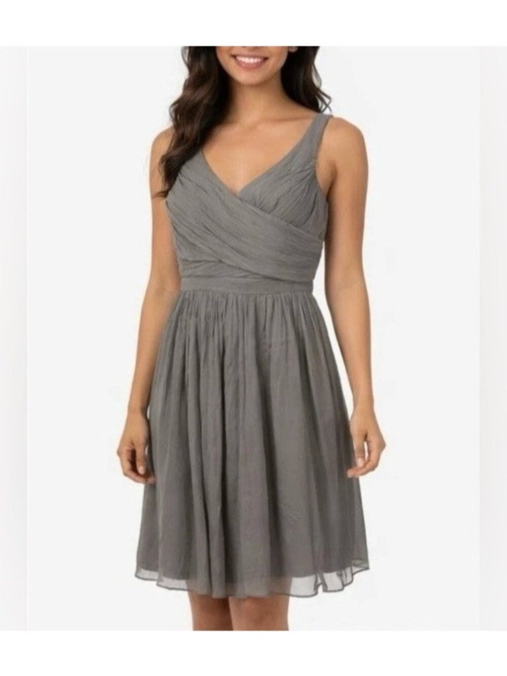 David's Bridal women's Gray chiffon cocktail bridesmaid flare Mini dress size 14 - Picture 1 of 10